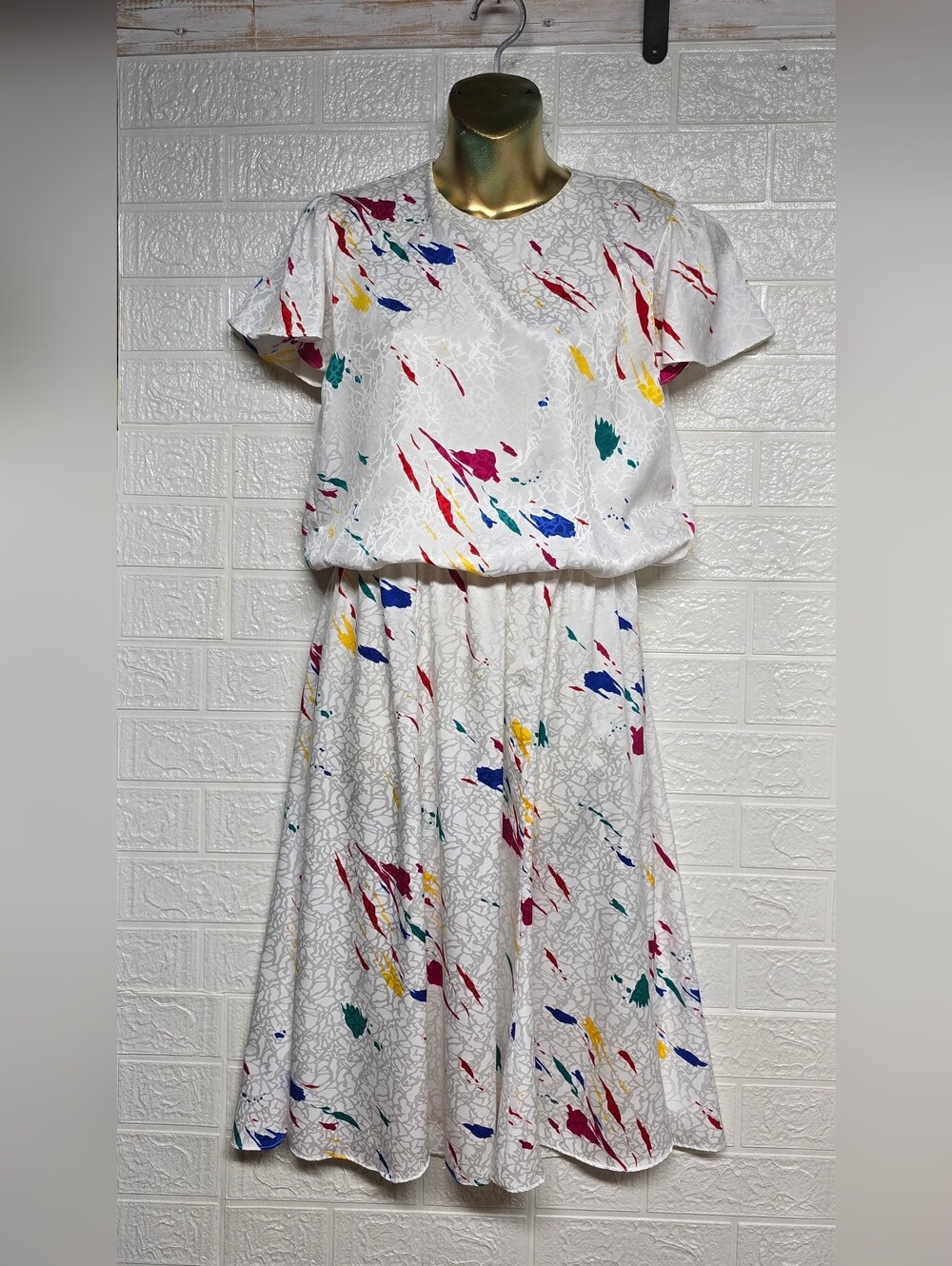 1980's White Midi Dress with Colorful Paint-Splatter Print,Sz 6P - Picture 7 of 8